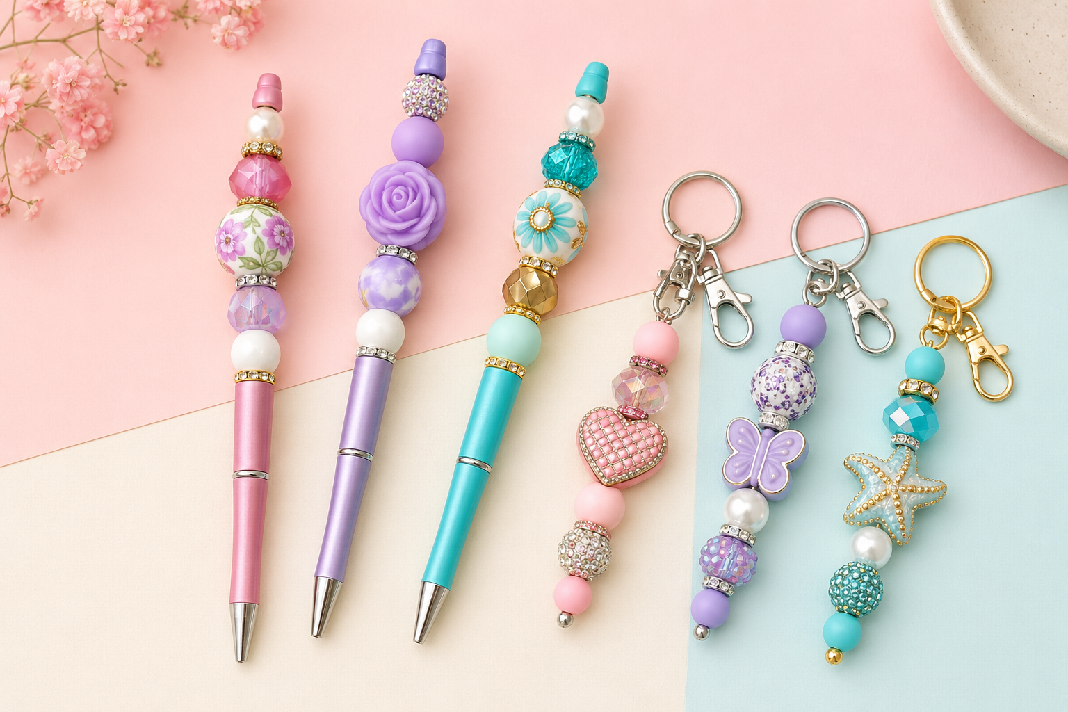 Handcrafted beaded pens, keychains, and small gifts